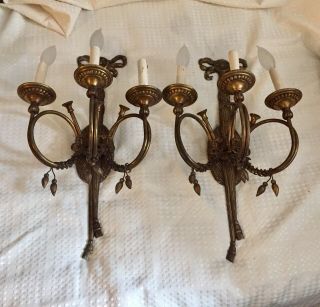 Great Large Antique France Ornate 3 Arms Brass Wall Sconce Light Fixture