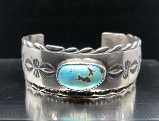Vintage Navajo Sterling Silver Turquoise Cuff Bracelet Old Pawn Heavy (signed L)