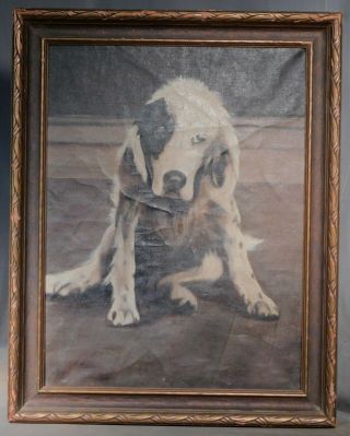 Antique Folk Art Oil Painting Seated Puppy Bird Dog Spaniel Arts Crafts Frame