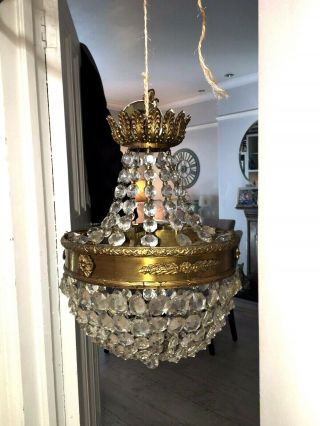 Antique Empire Basket Cut Glass Brass And Crystal Chandelier