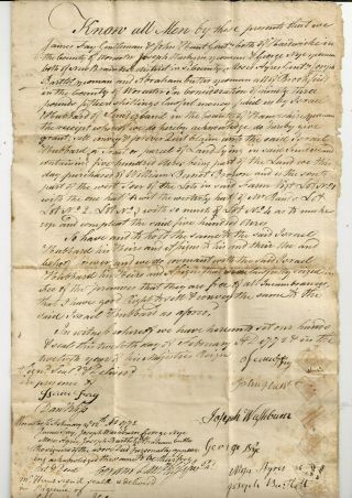 1772 Sunderland Ma Handwritten Deed,  Fay/hunt/washburn/hubard