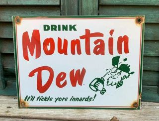 Vintage Mountain Dew Porcelain Sign Hillbilly Service Station Soda Pop