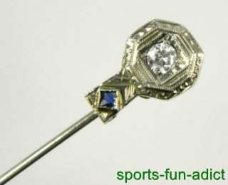 Art Deco Diamond & Sapphire 18k White Gold 2 5/8 " Hat Stick Pin Antique Wstopper