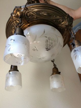 Antique Art Deco Nouveau 5 Light Brass Chandelier Ceiling Fixture Grape
