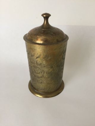 Vintage Brass Etched Cylindrical Tea Caddy Box Estate Item India (s2)