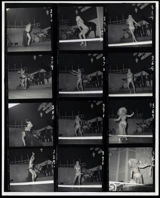 Hand Signed Bunny Yeager 50s Burlesque Show Contact Sheet Photograph 12 Frames