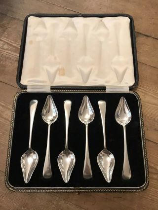 Set Of 6 Boxed Solid Silver Art Deco Grapefruit Spoons Hallmarked Sheffield 1936