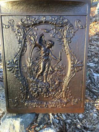 Antique Victorian Cast Iron Fireplace Insert Woman Huntress With 