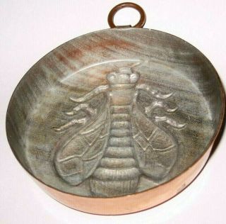 Vintage Tin Lined Solid Copper Mold with Embossed Dragonfly & Ring 3.  5 
