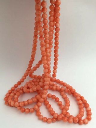 Vtg Gorgeous 3 Strand Angel Skin Coral Beads Necklace