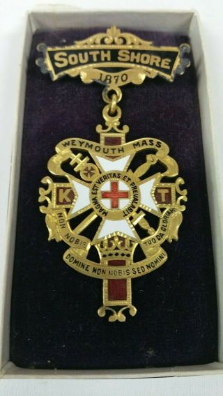 1870 Masonic Knights Templar pin badge Weymouth,  MA enameled brass 3