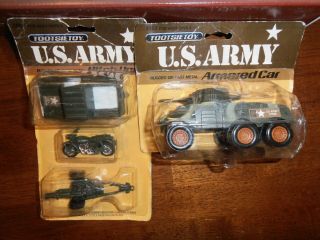 Vintage 1982 Tootsietoy U.  S.  Army Armored Car,  Jeep Motorcycle Artillery
