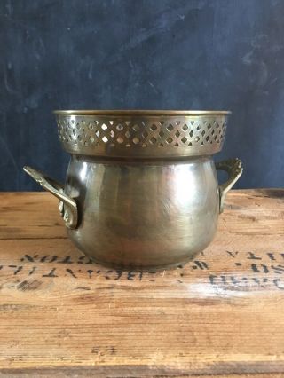 Vintage Solid Brass Planter Pot Bowl With Handles Lattice Lace Interpur Taiwan