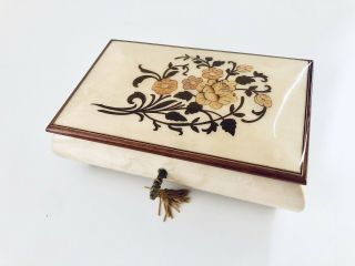 Vintage Reuge Inlaid Lacquer Wood Music Jewelry Box W Key Switzerland Love Story