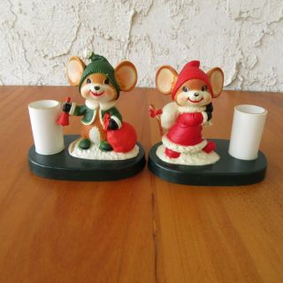 Vintage Christmas Mouse Candle Holder Set Of 2 Red And Green Holiday Decor