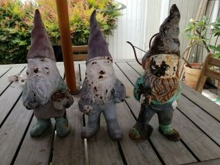 3 Vintage Rustic Cast Iron 13 " Garden Gnomes