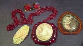 Bakelite And Celluloid Cameo Pendant And Chain Necklace,  Reverse Carved Lucite