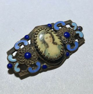 Antique Victorian Hand Painted Porcelain Enameled Portrait Brooch Collar Pin