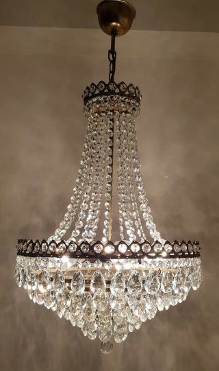 Antique Vintage Brass & Crystals LARGE French Chandelier Lighting Ceiling Lamp 3
