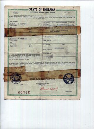 Vtg Car Title Indiana 1954 Chevrolet 2 Dr 150 Series 1502 Historical Document