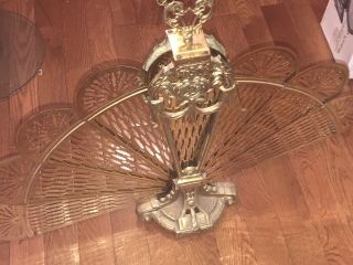 Vintage Brass Cameo Fireplace Screen Folding Fan Ornate Peacock Style 35”x 28”