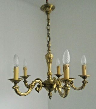 Antique French Heavy Bronze 5 Arm Acanthus Leaf Traditional Chandelier 1413