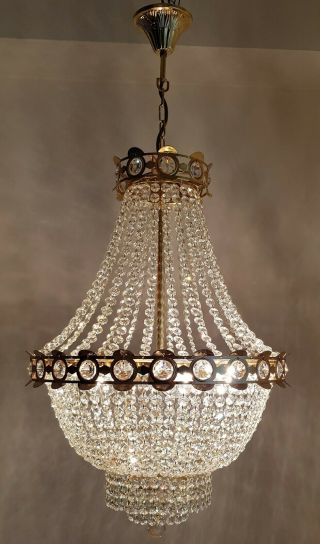 Antique Vintage Brass & Crystals HUGE French Chandelier Lighting Ceiling Lamp 3