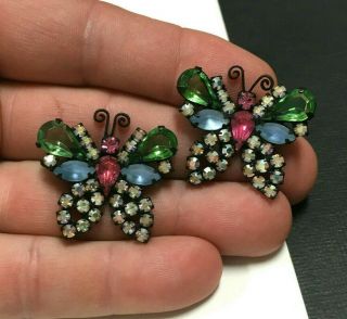 Set Of 2 Vintage Weiss Multi Color Rhinestone Butterfly Brooches Pins Oo15o
