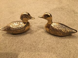 Vintage Two Solid Brass Metal Duck Mallard And Hen Paperweight/decor Figurine