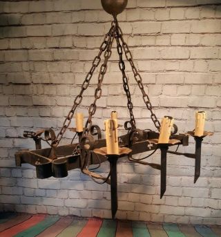 Antique Vintage Large Ceiling Hanging Light Wrought Iron 6 Arm Gothic Chandelier