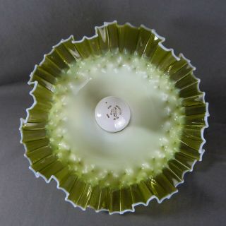 Vintage French Ruffled Green & Opaline Glass Ceiling Shade,  W/hardware,  Ø 10.  5 "