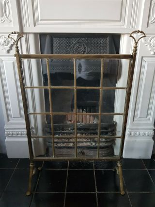 Victorian Brass & Bevelled Glass Fireplace Fire Guard Spark Screen Art Nouveau