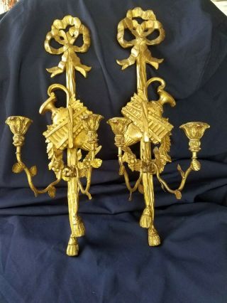 Antique Italian Matching Pair Tole Carved Wood Wall Sconces With Bow Tassle Urn