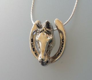 Horse And Horseshoe Slider Pendant Sterling Silver W/ Stone Set Eyes Jewelry