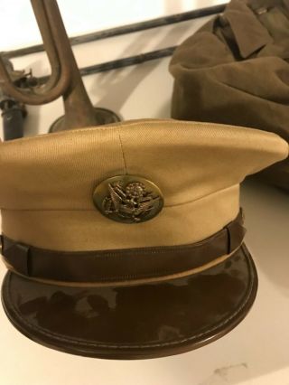 Ww2 Us Army Em Service Hat Summer Tan Khaki Visor Hat Size 7 And 1/4