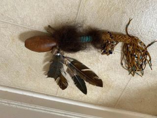 Awesome Vintage Native American Hand Made Rattle Gourd Beads Buffalo Fur Bucks