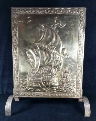 Vintage Brass Maritime Nautical Fire Screen W Embossed Clipper Ship 22.  5 In Fine