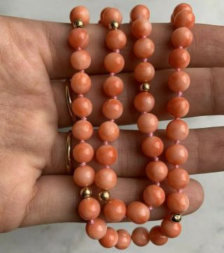 Antique 14k 585 Gold Sterling Silver 925 Natural Salmon Pink Coral Bead Necklace