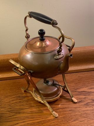 Antique Joseph Heinrichs Copper Sterling Silver Lined Teapot On Stand W/ Burner