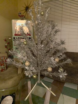 Vintage Evergleam 4 Ft.  40 Branch Aluminum Christmas Tree With Ornaments