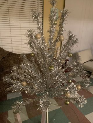 Vintage Evergleam 4 ft.  40 Branch Aluminum Christmas Tree With Ornaments 2