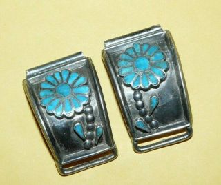 Vtg Old Pawn Native Zuni Sterling Silver W/ Turquoise Inlay " Flower " Watch Tips