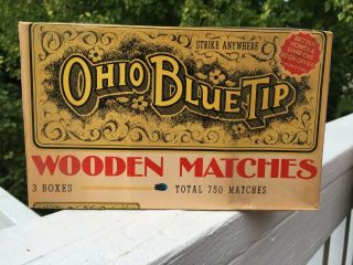 Vintage 1970 Ohio Blue Tip Wooden Matches 3 Boxes Strike Anywhere 750 Ct.