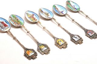 Set Of Six 800 Grade German Silver Souvenir Spoons With Enamel Bowl