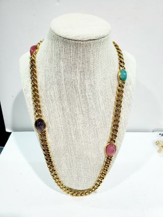 Vintage Ciner Signed Pink Purple Green Rhinestone Gold Tone Chain Necklace
