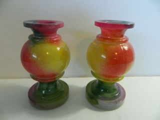 Pair 2 Colorful Glass Taper Candle Holders Flower Vases 5 Inch