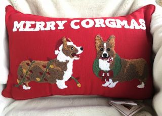 Merry Corgmas Pillow Pembroke Welsh Corgi Christmas Nwt Holiday Decor Red