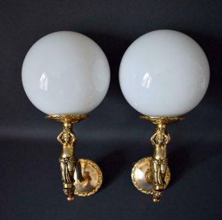 Vintage French Angel Cherub Wall Sconces With Opaline Glass Lamp Shade