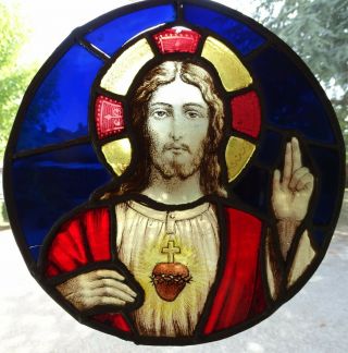 Antique French Old Leaded Stained Glass Window Panel Sacred Hart Of Jesus 19th
