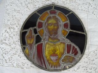 Antique French Old Leaded Stained Glass Window Panel Sacred Hart of Jesus 19th 3